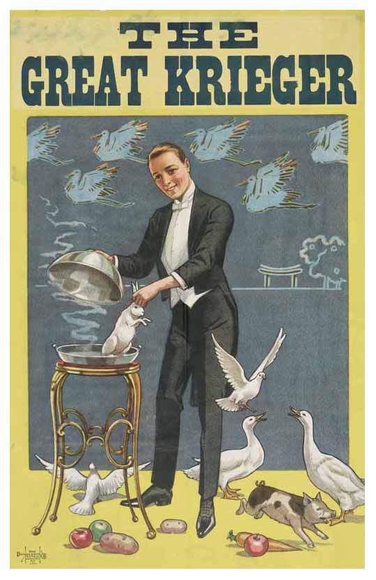 Poster of The Great Krieger, a magician pulling a rabbit out of a dish. Image © The Harry Ransom Center, University of Texas, Austin